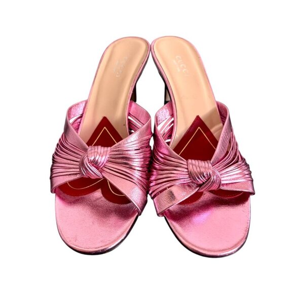AUTHENTIC GUCCI HEELS PINK METALLIC LEATHER STRAPPY KITTEN SANDALS 7/37 EUC - Picture 6 of 7